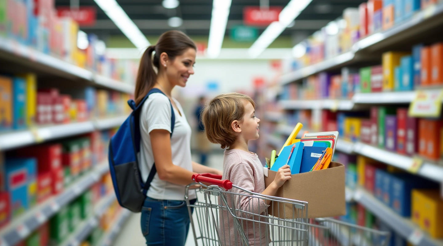 Parent and child shopping for school supplies in a store aisle with shelves of notebooks and writing materials
