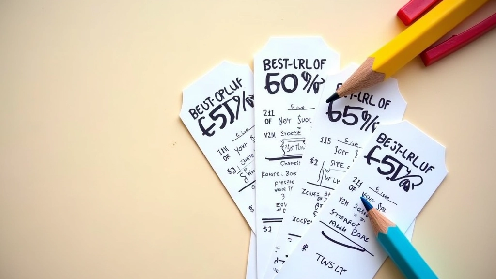 Discount tags and receipts spread out showing various back to school sales and promotional offers